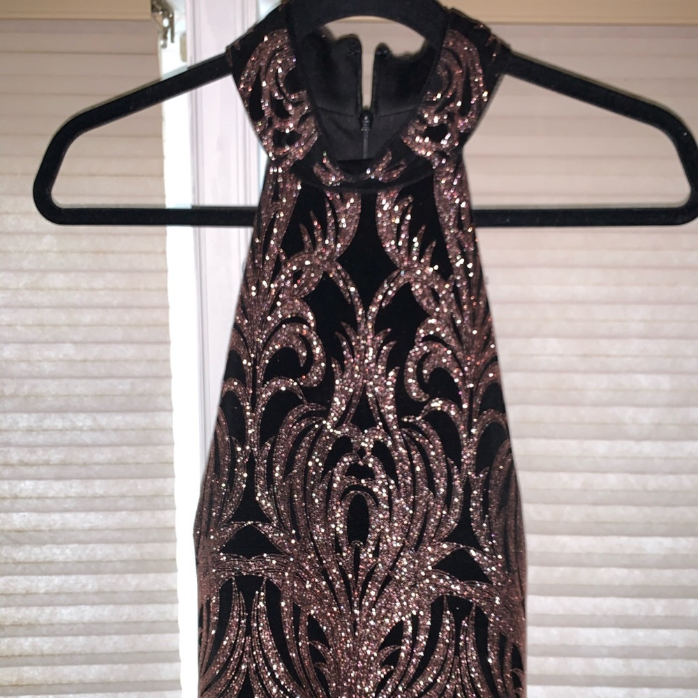 Betsy and Adam black and rose gold dress